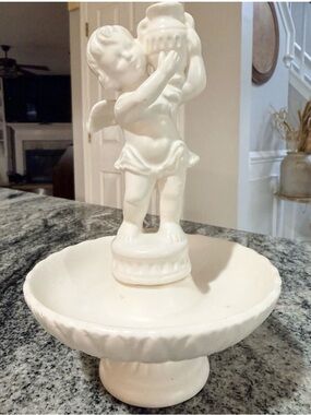 VTG Ardco White Ceramic Cherub Angel Hand Painted Matte Figurine Bowl 7 in